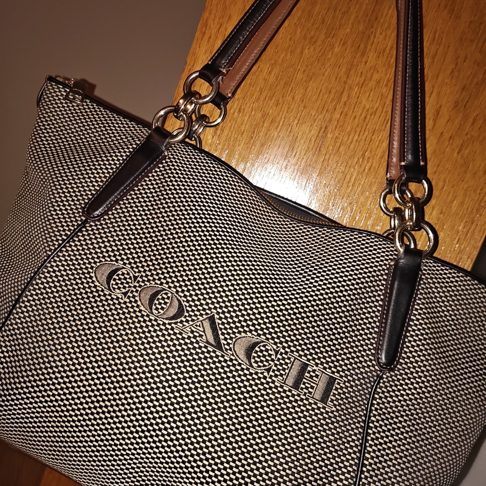 Coach Black and White Signature Tote with Brown Leather Handles